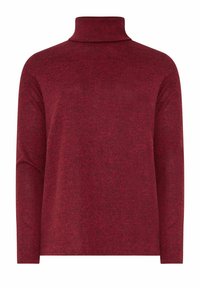 Burgundy polotröja med lång ärm. Mjuk, texturerad tyg med ett subtilt melerat mönster. Rak nederdel utan några ytterligare accenter.