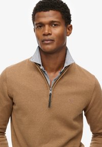 Maglione a maglia marrone con colletto con zip, sovrapposto a una camicia a righe. Presenta un dettaglio del logo sul petto e una finitura in tessuto testurizzato.