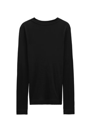 Black long-sleeve crew neck shirt with a simple, plain design shown flat against a white background.