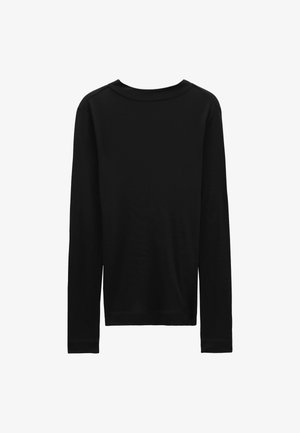 Black long-sleeve crew neck shirt with a simple, plain design shown flat against a white background.
