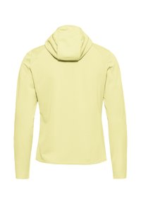 Hellgelber Hoodie mit strukturierter Stoffqualität, langen Ärmeln und rundem Kapuzenabschluss. Die Rückansicht zeigt Nahtdetails und eine lockere Passform.