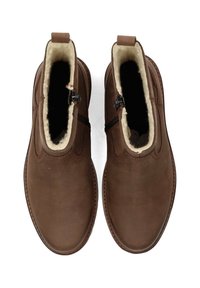 Stivaletti alla caviglia in pelle marrone con una texture liscia, chiusura con zip e fodera morbida. Presentano una punta arrotondata e cuciture decorative.