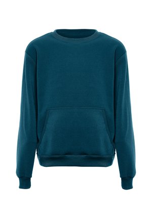 Dunkel petrolfarbener Sweatshirt mit langen Ärmeln, geripptem Rundhalsausschnitt, Bündchen, Saum und einer Kängurutasche vorne vor weißem Hintergrund.