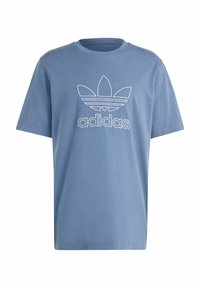 Niebieska bawełniana koszulka z okrągłym dekoltem, krótkimi rękawami oraz białym haftowanym logo 'adidas' z trójlistną koncepcją na środku.