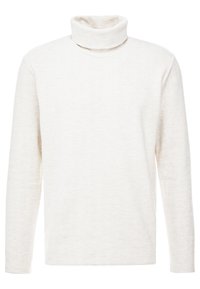Top blanco de cuello alto de manga larga hecho de una tela suave y texturizada con un ligero patrón acanalado. Diseño simple, sin hardware o acentos visibles.