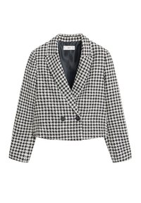 Blazer court en pied-de-poule noir et blanc avec revers et deux boutons noirs, doté de manches longues et d'une doublure intérieure lisse.