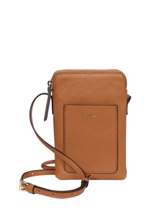Small rectangular tan leather crossbody bag with front pocket, zipper closure, adjustable strap, and subtle embossed brand name.