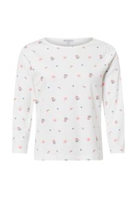 Long-sleeve white t-shirt made of soft fabric, featuring a scattered floral print in pink and blue. Round neckline and straight hem.