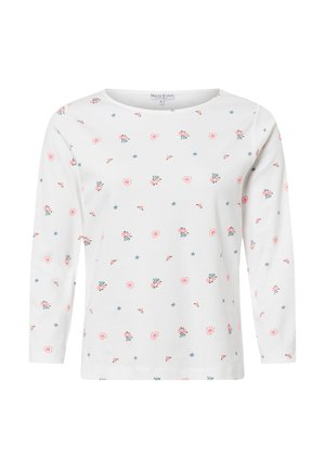 Long-sleeve white t-shirt made of soft fabric, featuring a scattered floral print in pink and blue. Round neckline and straight hem.