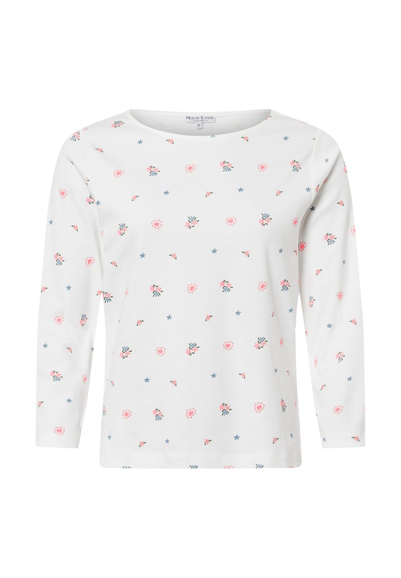 Long-sleeve white t-shirt made of soft fabric, featuring a scattered floral print in pink and blue. Round neckline and straight hem.