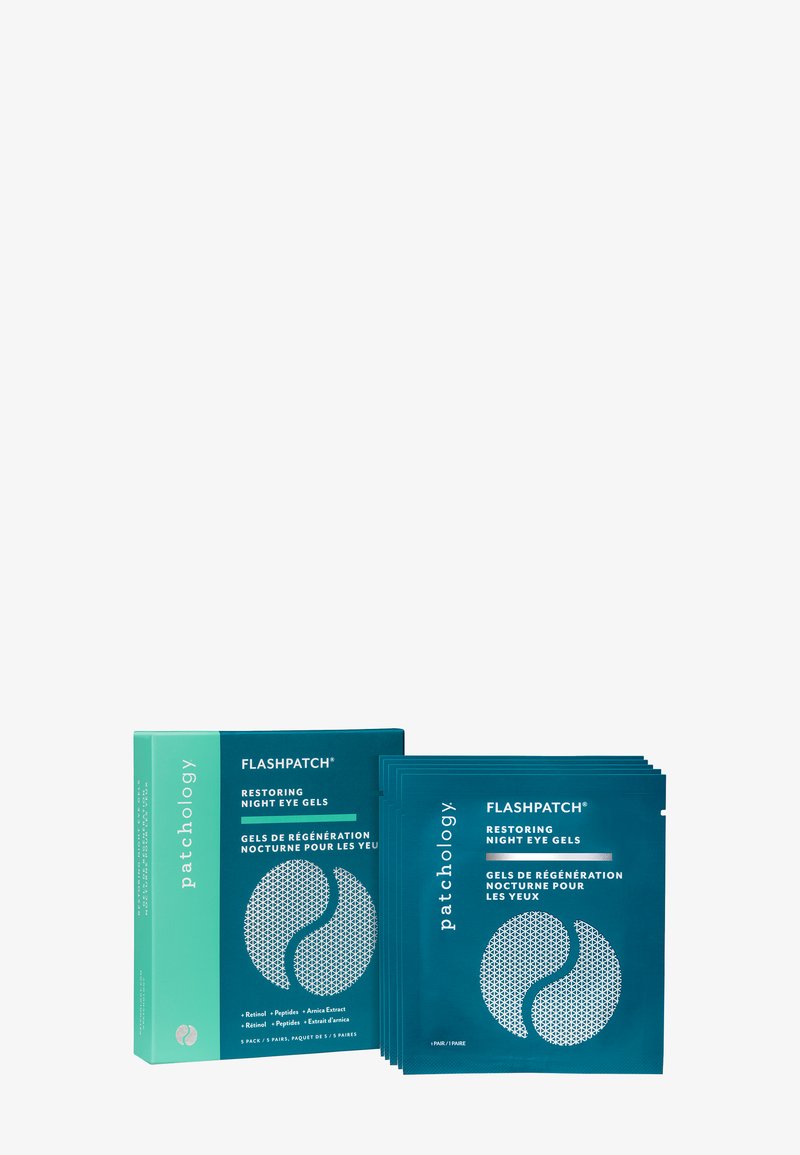 Cinque pacchetti di gel per occhi riparatori FLASHPATCH, confezionati in un packaging turchese con forme arrotondate e testo bianco, esposti accanto al set in confezione.
