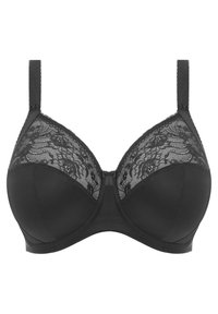 Zwarte bh met kantdetails op de cups, voorzien van verstelbare bandjes en een soepele stoffen basis. Inclusief een strikaccent in het midden.