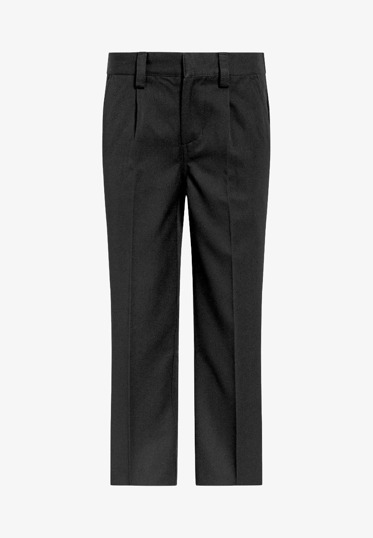 Pantaloni neri con una linea dritta, realizzati in un tessuto testurizzato. Presentano un fronte piatto, passanti per la cintura e due tasche laterali.