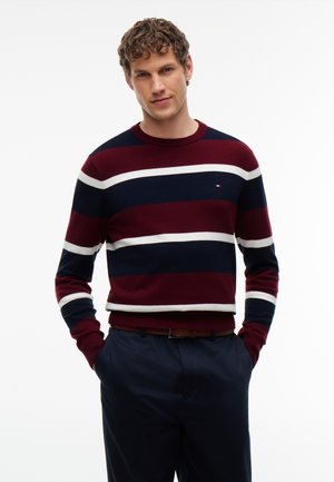 Homme portant un pull rayé bordeaux, bleu marine et blanc avec un pantalon bleu marine, les mains dans les poches, debout sur un fond blanc.