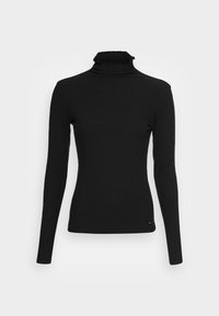 Zwarte geribde turtleneck trui met lange mouwen, met een ruches-kragen detail en een slim fit. Het materiaal lijkt zacht met een gladde textuur.