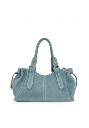 Sac en daim bleu clair avec quincaillerie dorée, deux courtes anses et des côtés froncés pour une forme douce et arrondie.