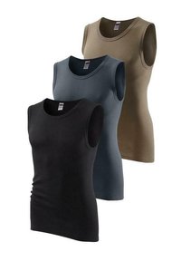Drei ärmellose Tanktops in Schwarz, Blau-Grau und Beige. Aus einem gerippten Stoff mit Rundhalsausschnitten und einer taillierten Form.
