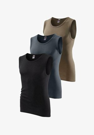 Drei ärmellose Tanktops in Schwarz, Blau-Grau und Beige. Aus einem gerippten Stoff mit Rundhalsausschnitten und einer taillierten Form.
