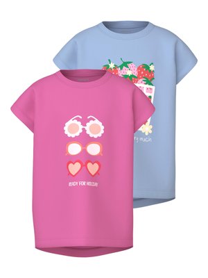 Two short-sleeve t-shirts: pink with three sunglasses designs and "READY FOR HOLIDAY," blue with strawberries and flowers graphic.