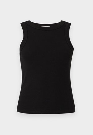 Mustad soonikuga varrukateta top ümmarguse kaelusega ja keha järgiva lõikega.