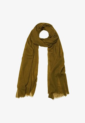 Écharpe d'un vert olive doux, pliée lâchement avec des bords effilochés sur un fond blanc.