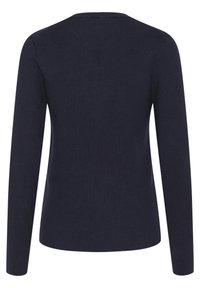 Marineblå langærmet sweater med rund halsudskæring, ribbet tekstur og lige snit. Simpelt design uden synlige mønstre eller accenter.