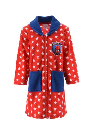 Roter Fleece-Kinderbademantel mit weißen Sternen, blauem Kragen und Taschen, Reißverschluss vorne und Spider-Man-Logo auf der Brust.