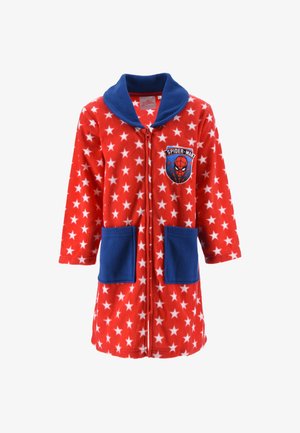 Red fleece children's bathrobe with white stars, blue collar and pockets, zipped front, and Spider-Man logo on chest.