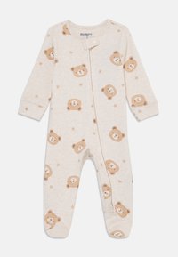 Beige Babystrampler mit langen Ärmeln, der ein wiederholtes Bären- und Sternenmuster zeigt, sowie einen Reißverschluss vorne für ein einfaches Ankleiden.