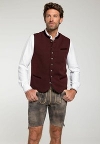 Gilet texturé bourgogne avec des boutons argentés, associé à un short marron avec broderies florales et un bord contrasté. Chemise blanche à manches longues en dessous.