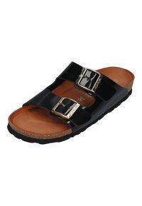 Zwarte gepatineerde slidingsandaal met twee gespen, kurken voetbed en gestructureerde rubberen zool. Bevat een gladde binnenkant en gouden accenten.