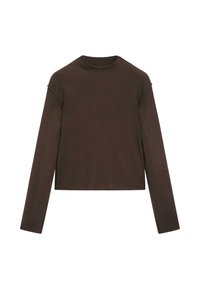 Maglione a maniche lunghe color marrone scuro con scollo rotondo, leggermente corto e dal design semplice e senza cuciture.