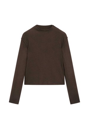 Ciemnobrązowy sweter z długim rękawem i okrągłym dekoltem, o lekko skróconym kroju i prostym, bezszwowym designie.