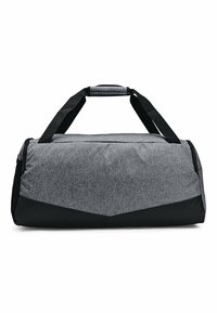 Gray and black duffel bag with a textured fabric design, zip closure, and two sturdy shoulder straps for easy carrying.