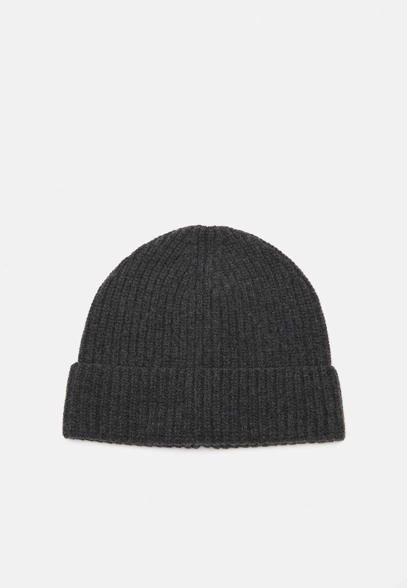 Cappello beanie lavorato a maglia, grigio scuro, texture a coste, risvolto, parte superiore arrotondata, realizzato in tessuto morbido adatto per il freddo.