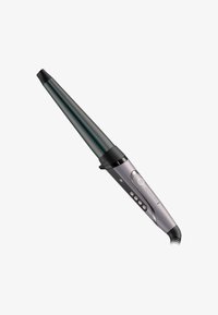 Kjegleformet stylingjern med svart tupp, metallgrå kropp, digitale kontrollknapper og et slankt, avsmalnet design for allsidig styling.