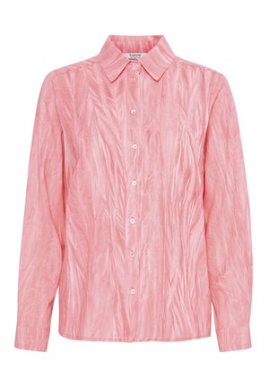 Light pink, long-sleeve shirt with a crinkled texture, a button-up front, pointed collar, and matching buttons, made from lightweight fabric.