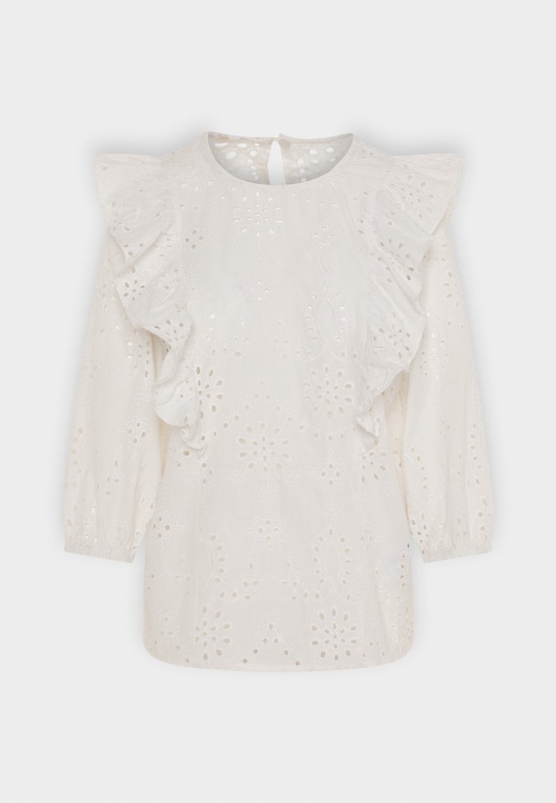 Blusa bianca con maniche a volant, intricate ricami ad occhio, schiena a chiave e maniche lunghe a palloncino. Materiale in cotone morbido.