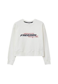 Felpa bianca a maniche lunghe e corta con la scritta "FREEDOM Racing Club" e il piccolo testo rosso "Cross the line, not the limit" sul davanti.