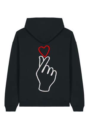 Felpa nera con cappuccio che presenta un gesto della mano ricamato in bianco con un cuore rosso sopra sul retro. Tessuto morbido con una vestibilità rilassata.
