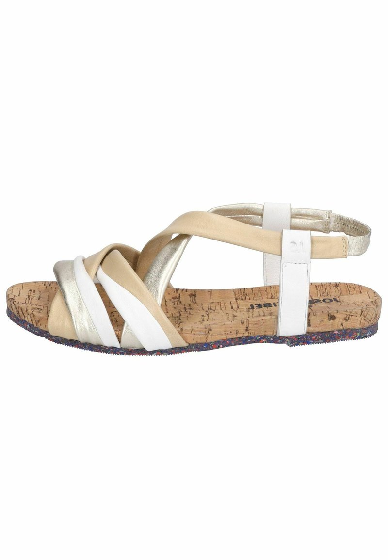 Sandali con suola in sughero e fasce incrociate in crema, oro e bianco. Presentano un design piatto con una soletta texturizzata per il comfort.