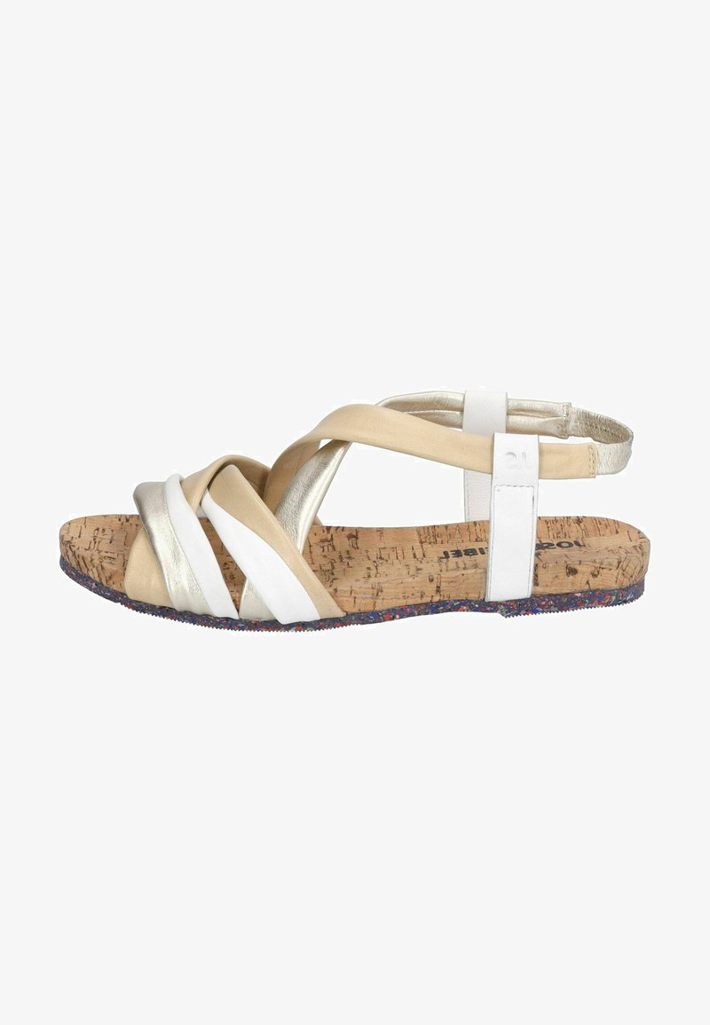 Sandały na korkowej podeszwie z krzyżującymi się paskami w kolorze kremowym, złotym i białym. Charakteryzują się płaską konstrukcją z teksturowaną wkładką dla wygody.