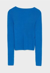 Pull bleu côtelé ajusté à manches longues avec un col rond, présenté de dos sur un fond blanc uni.