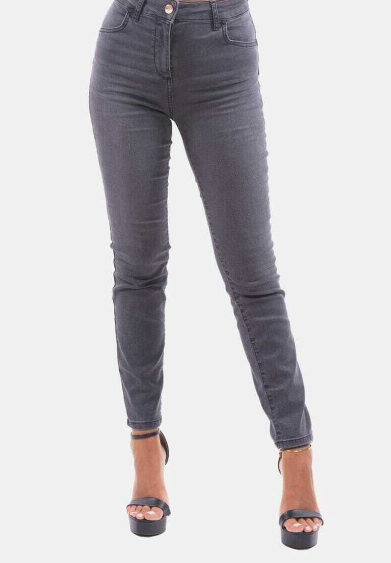 Jeans de talle alto y corte ajustado en gris, confeccionados en denim con una textura suave. Presentan un diseño clásico de cinco bolsillos y detalle de botón metálico.