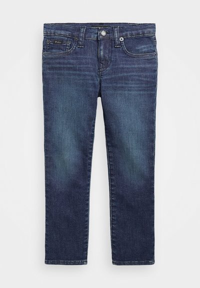 Jeans de mezclilla azul oscuro con corte recto, áreas desgastadas, diseño de cinco bolsillos y cierre de botón. Presenta una etiqueta de marca en la parte posterior.