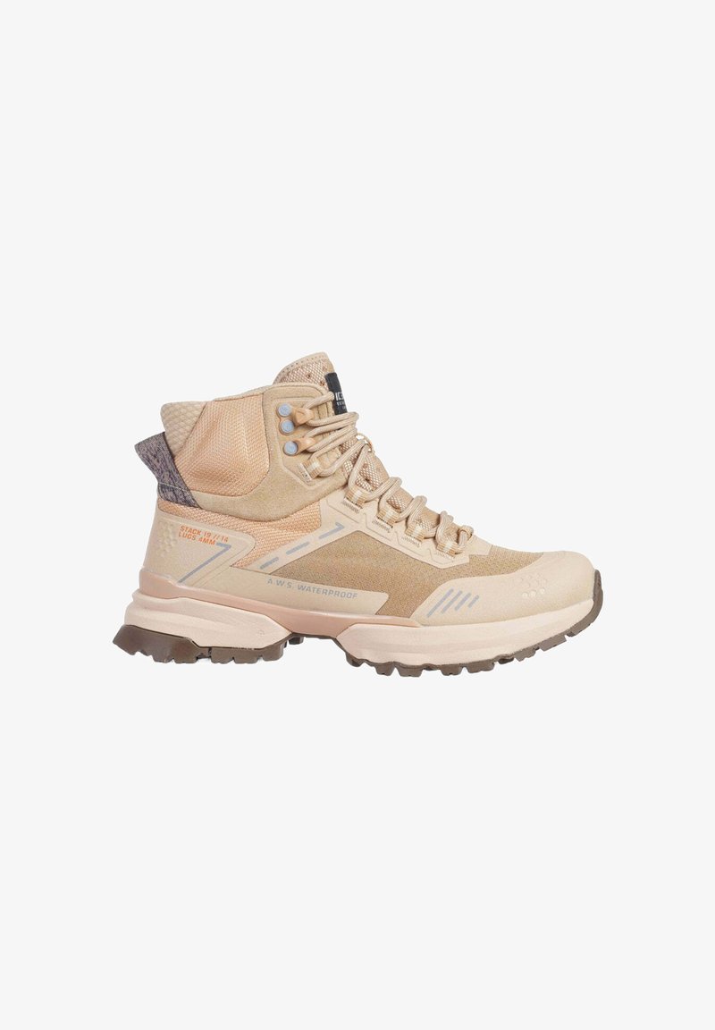 Beige waterproof hiking boot with textured mesh upper, reinforced ankle support, and rubber sole featuring deep tread for traction.