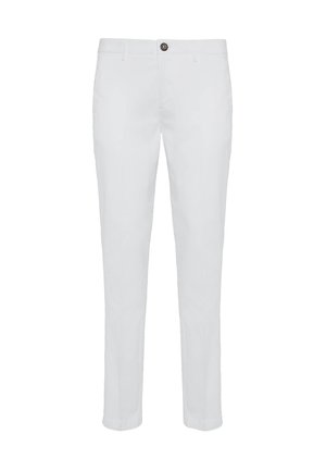 White cotton-chino trousers with a button closure, belt loops, and side pockets; slim fit design with hemmed cuffs.