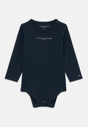 Navyblauer Langarm-Bodysuit aus weicher Baumwolle, mit Rundhalsausschnitt, Druckknöpfen an der Schulter und einem auf der Vorderseite aufgedruckten Markenlogo.