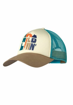 Mesh-Rückseite Cap mit beigefarbener Krempe, cremefarbenem Frontpanel mit "WILD LIVIN'" Schriftzug und Berg- sowie Baum-Grafiken, türkisfarbenem Mesh und verstellbarem Verschluss.
