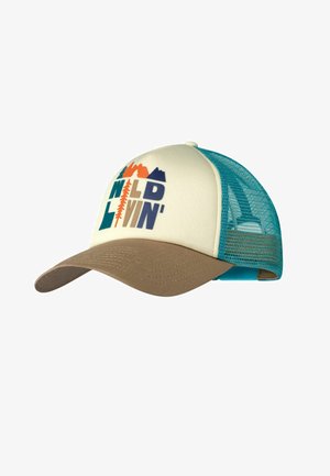 Mesh-Rückseite Cap mit beigefarbener Krempe, cremefarbenem Frontpanel mit "WILD LIVIN'" Schriftzug und Berg- sowie Baum-Grafiken, türkisfarbenem Mesh und verstellbarem Verschluss.